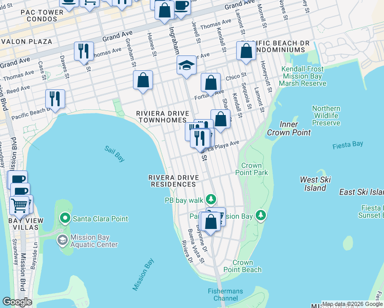 map of restaurants, bars, coffee shops, grocery stores, and more near Promontory Street & La Playa Avenue in San Diego