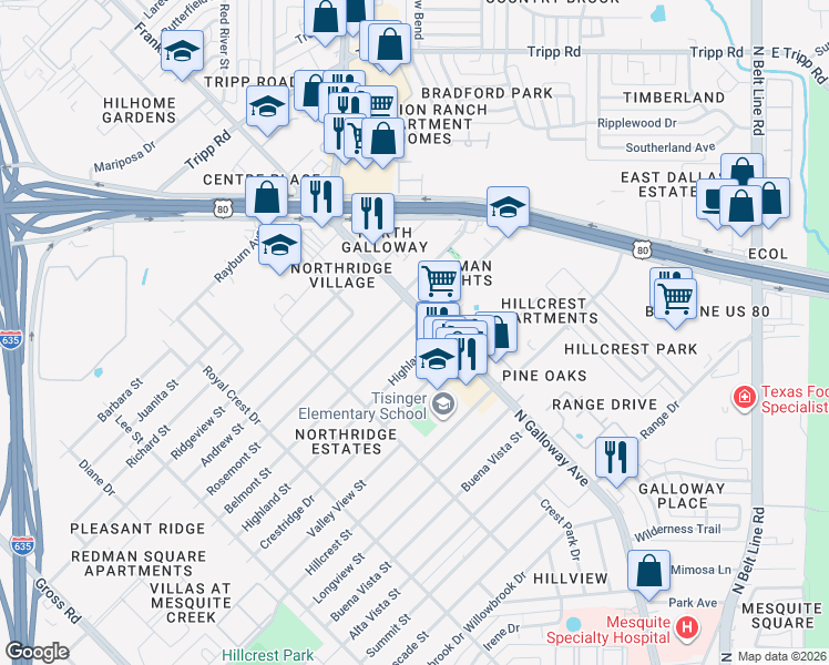 map of restaurants, bars, coffee shops, grocery stores, and more near 1824 Belmont Street in Mesquite