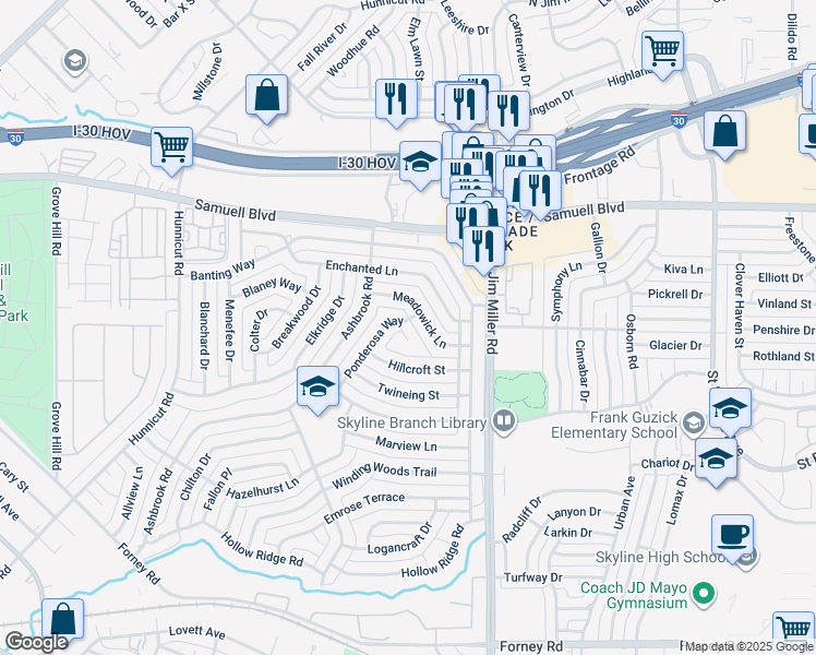 map of restaurants, bars, coffee shops, grocery stores, and more near 5290 Ponderosa Circle in Dallas