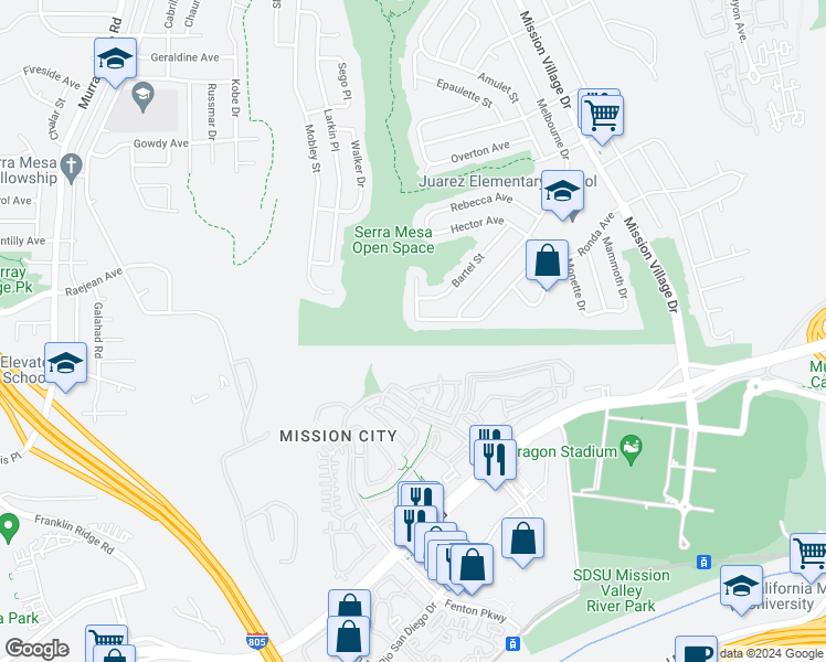 map of restaurants, bars, coffee shops, grocery stores, and more near 9001 Ronda Avenue in San Diego