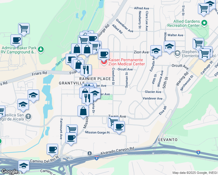 map of restaurants, bars, coffee shops, grocery stores, and more near 4655 Glacier Ave in San Diego