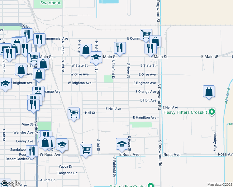map of restaurants, bars, coffee shops, grocery stores, and more near 209 East Orange Avenue in El Centro