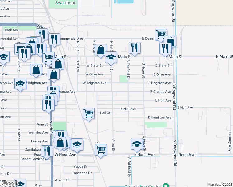 map of restaurants, bars, coffee shops, grocery stores, and more near 121 East Orange Avenue in El Centro