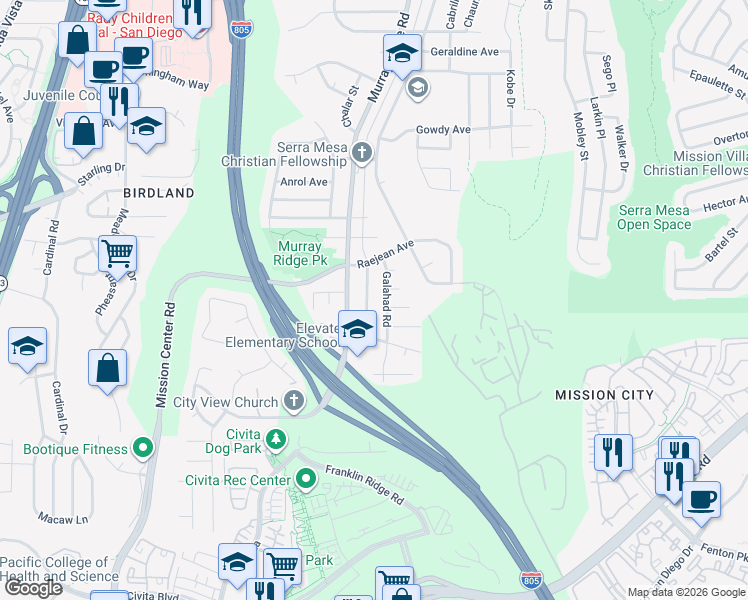 map of restaurants, bars, coffee shops, grocery stores, and more near 2371 Casement Street in San Diego