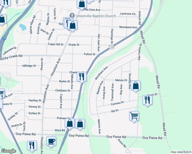 map of restaurants, bars, coffee shops, grocery stores, and more near 4215 Worsham Avenue in Macon