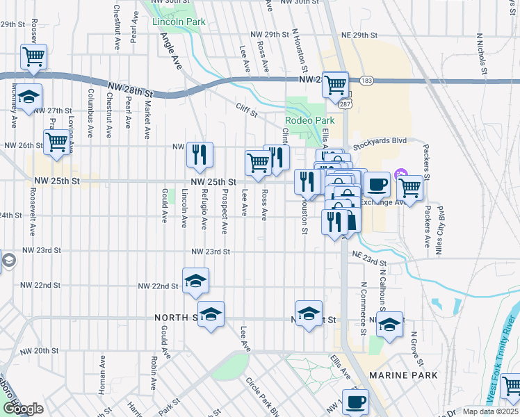 map of restaurants, bars, coffee shops, grocery stores, and more near 2407 Ross Avenue in Fort Worth