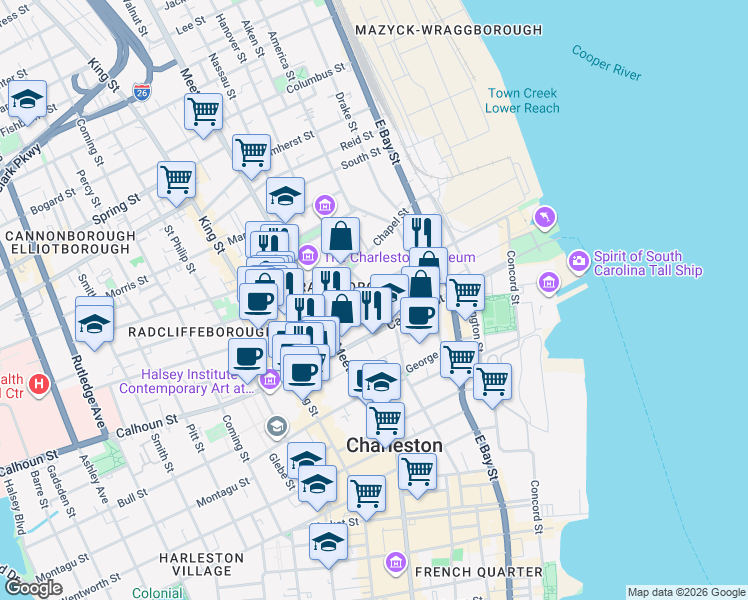 map of restaurants, bars, coffee shops, grocery stores, and more near 49 Charlotte Street in Charleston