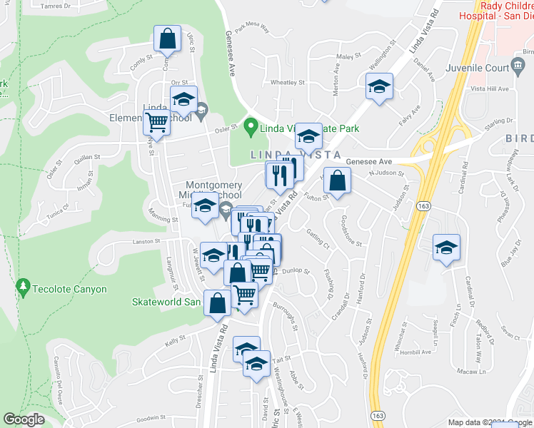 map of restaurants, bars, coffee shops, grocery stores, and more near 7003 Eastman Street in San Diego