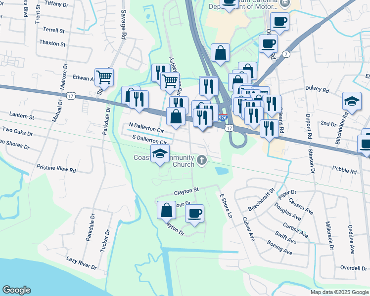 map of restaurants, bars, coffee shops, grocery stores, and more near 513 Arlington Drive in Charleston