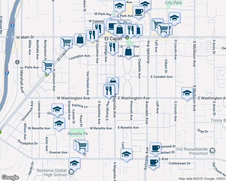 map of restaurants, bars, coffee shops, grocery stores, and more near 644 South Magnolia Avenue in El Cajon
