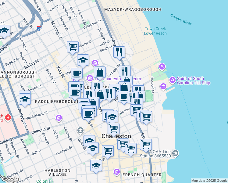 map of restaurants, bars, coffee shops, grocery stores, and more near 14 Elizabeth Street in Charleston