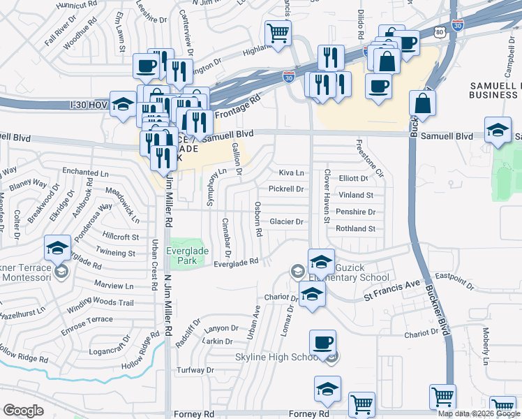 map of restaurants, bars, coffee shops, grocery stores, and more near 6904 Thornwood Drive in Dallas