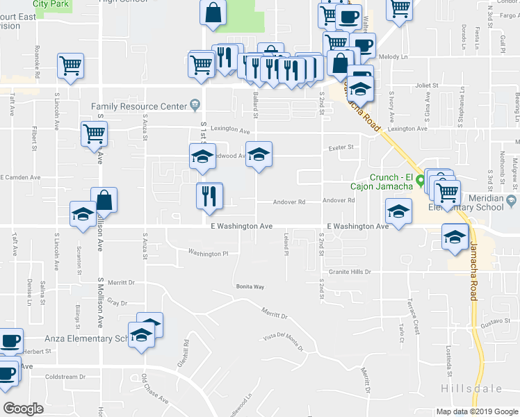 map of restaurants, bars, coffee shops, grocery stores, and more near 1173 Andover Road in El Cajon