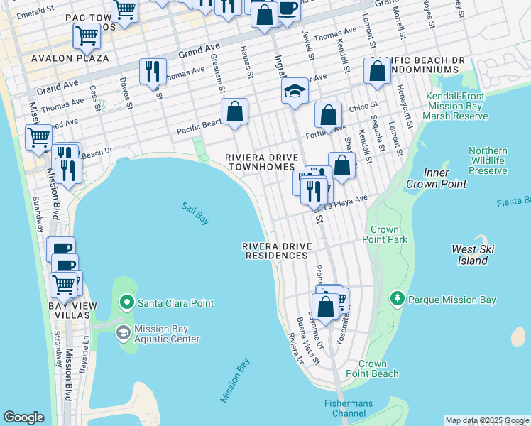 map of restaurants, bars, coffee shops, grocery stores, and more near 3818 Riviera Drive in San Diego