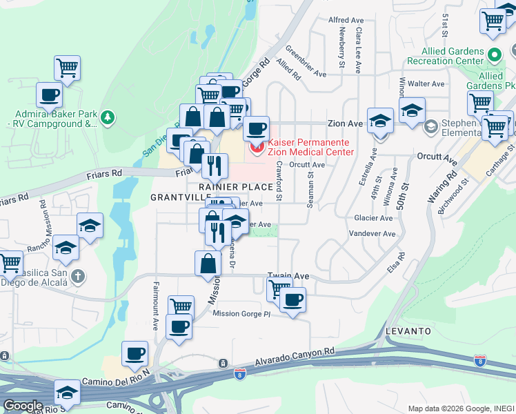 map of restaurants, bars, coffee shops, grocery stores, and more near 4625 Glacier Avenue in San Diego