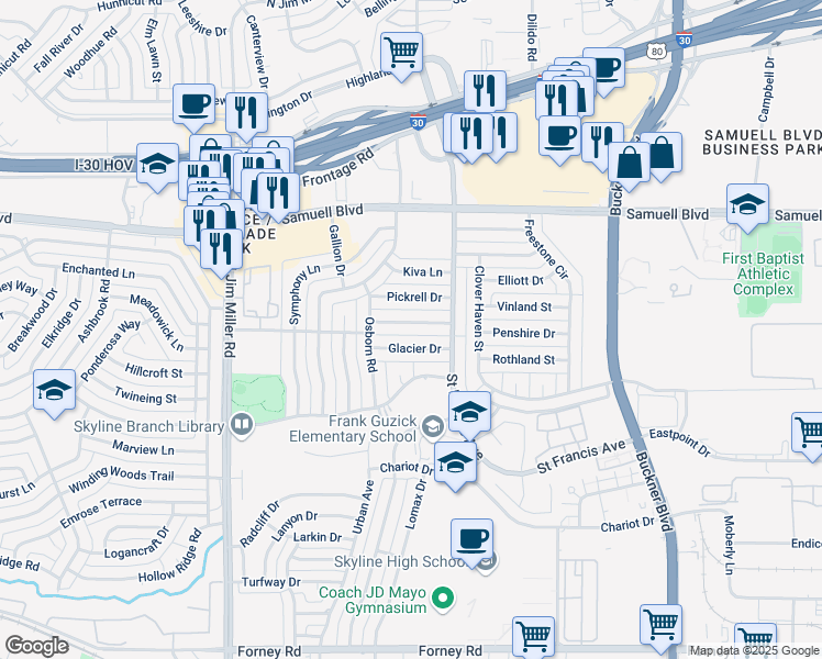 map of restaurants, bars, coffee shops, grocery stores, and more near 6930 Thornwood Drive in Dallas