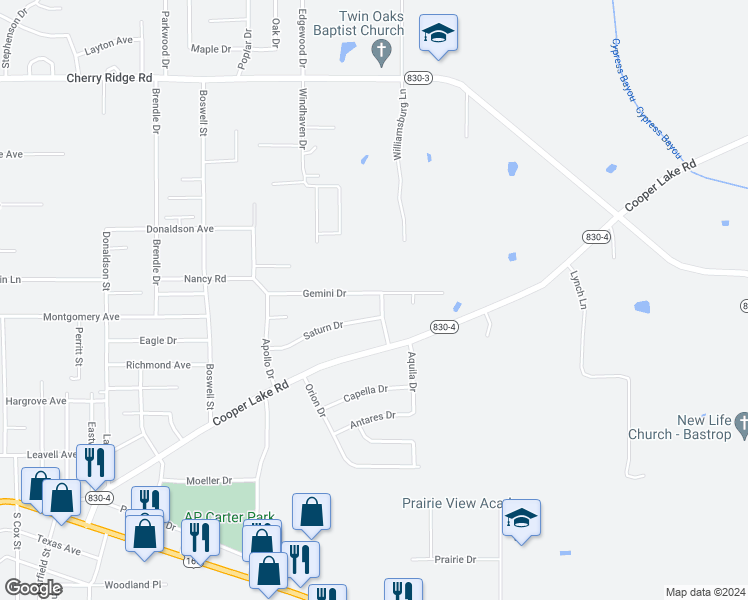 map of restaurants, bars, coffee shops, grocery stores, and more near 2028 Gemini Drive in Bastrop