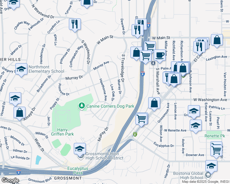 map of restaurants, bars, coffee shops, grocery stores, and more near 639 Live Oak Drive in El Cajon