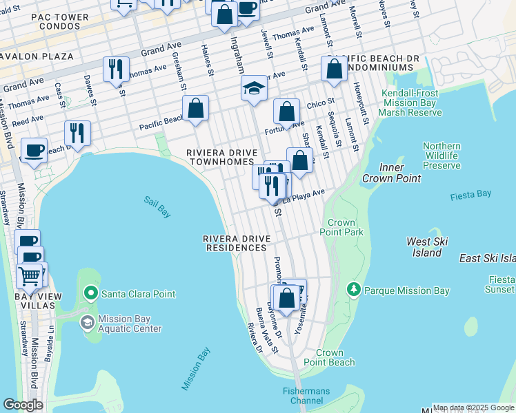 map of restaurants, bars, coffee shops, grocery stores, and more near 1542 La Playa Avenue in San Diego