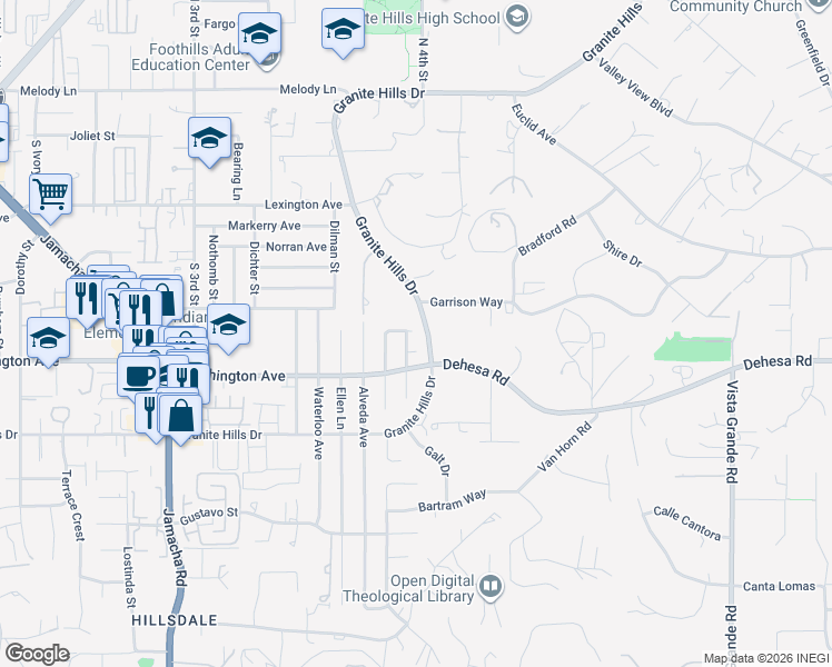 map of restaurants, bars, coffee shops, grocery stores, and more near 1672 Spanish Oak Place in El Cajon