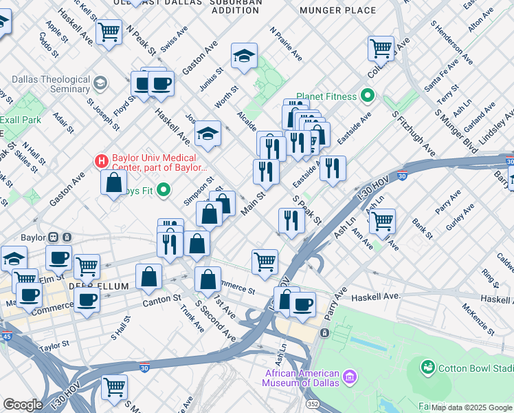 map of restaurants, bars, coffee shops, grocery stores, and more near 4027 Main Street in Dallas