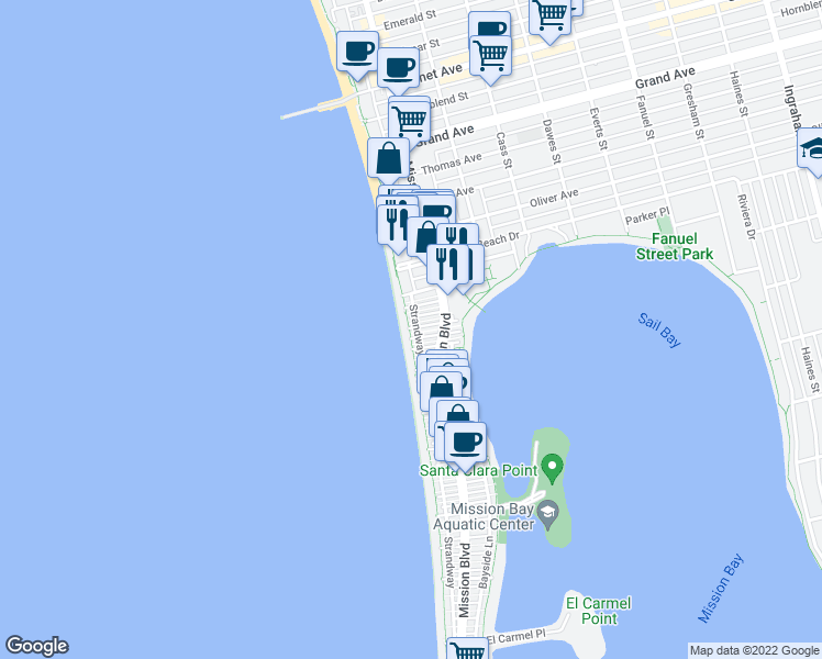 map of restaurants, bars, coffee shops, grocery stores, and more near 3953 Ocean Front Walk in San Diego
