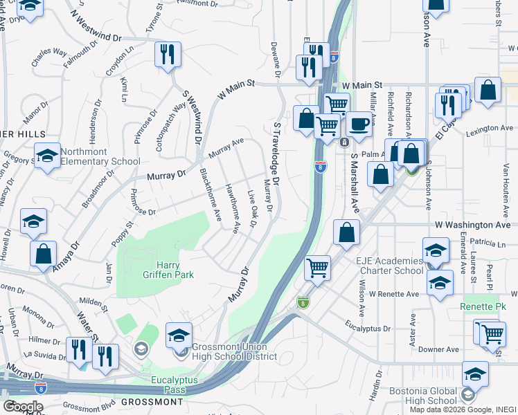 map of restaurants, bars, coffee shops, grocery stores, and more near 639 Live Oak Drive in El Cajon