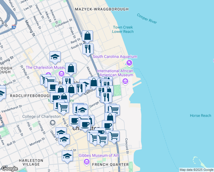 map of restaurants, bars, coffee shops, grocery stores, and more near 33 Calhoun Street in Charleston