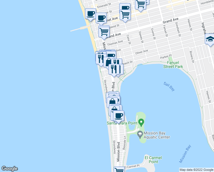 map of restaurants, bars, coffee shops, grocery stores, and more near 720 Windemere Court in San Diego