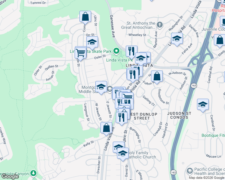 map of restaurants, bars, coffee shops, grocery stores, and more near 6908 Eastman Street in San Diego