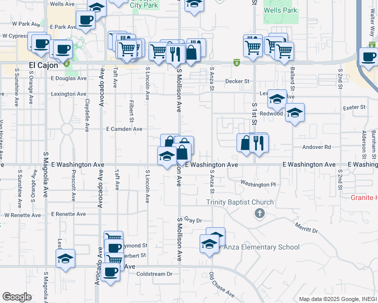 map of restaurants, bars, coffee shops, grocery stores, and more near 639 South Mollison Avenue in El Cajon