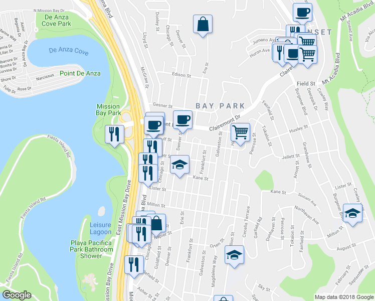 map of restaurants, bars, coffee shops, grocery stores, and more near 2530 Erie Street in San Diego