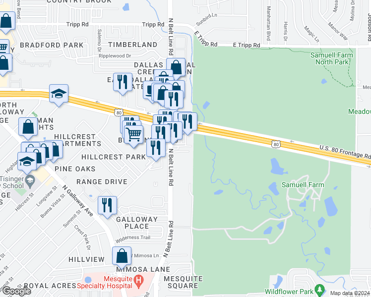 map of restaurants, bars, coffee shops, grocery stores, and more near 118 U.S. 80 Frontage Road in Mesquite