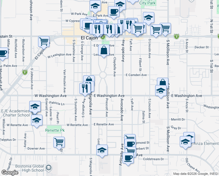 map of restaurants, bars, coffee shops, grocery stores, and more near 627 Prescott Avenue in El Cajon