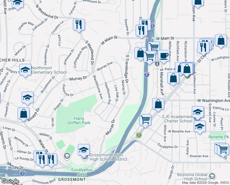 map of restaurants, bars, coffee shops, grocery stores, and more near 638 Live Oak Drive in El Cajon