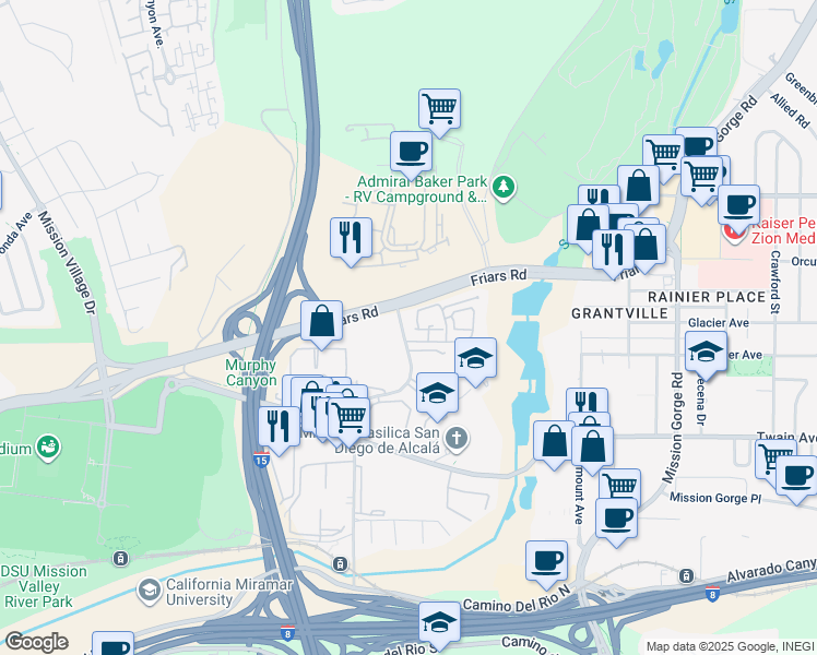 map of restaurants, bars, coffee shops, grocery stores, and more near 6341 Rancho Mission Road in San Diego