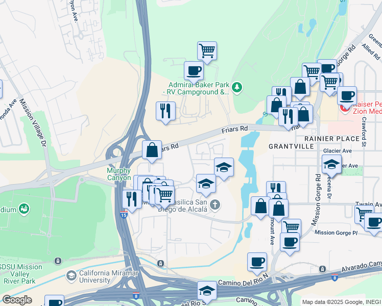 map of restaurants, bars, coffee shops, grocery stores, and more near 6341 Rancho Mission Road in San Diego