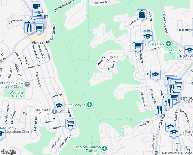 map of restaurants, bars, coffee shops, grocery stores, and more near 2450 Sendero Way in San Diego
