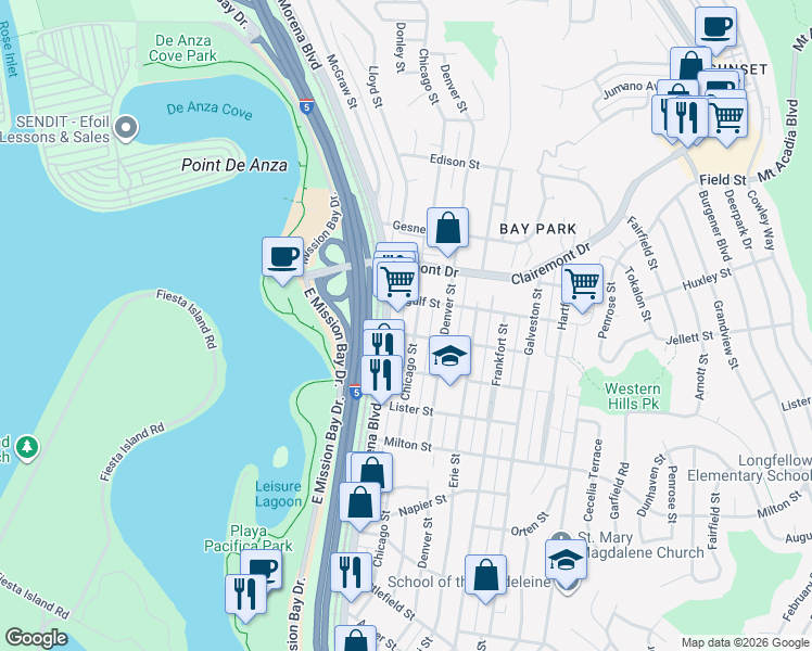 map of restaurants, bars, coffee shops, grocery stores, and more near 4172 Jellett Street in San Diego