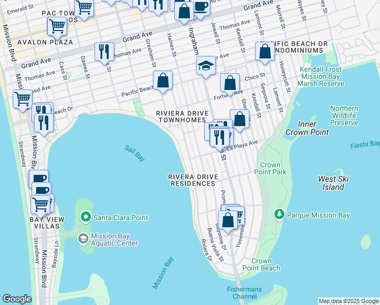 map of restaurants, bars, coffee shops, grocery stores, and more near 3817 Riviera Drive in San Diego