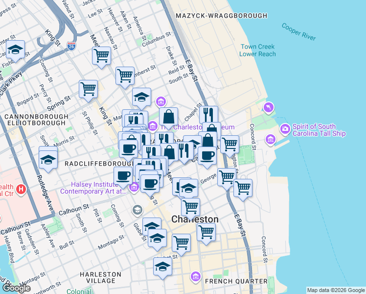 map of restaurants, bars, coffee shops, grocery stores, and more near 49 Charlotte Street in Charleston