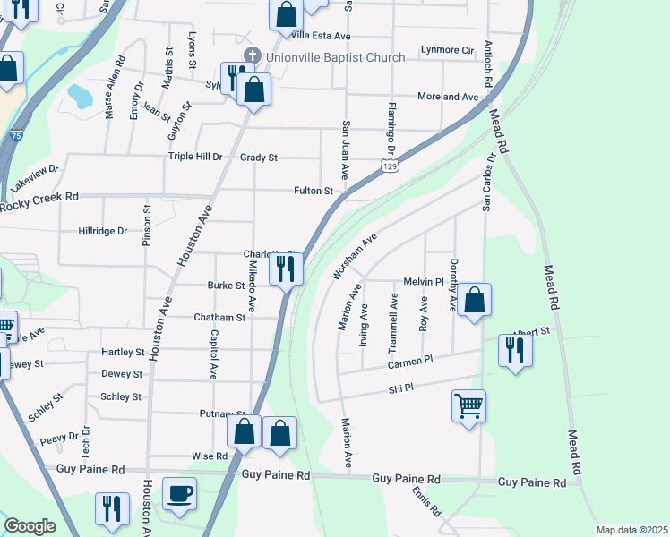 map of restaurants, bars, coffee shops, grocery stores, and more near 4215 Worsham Avenue in Macon
