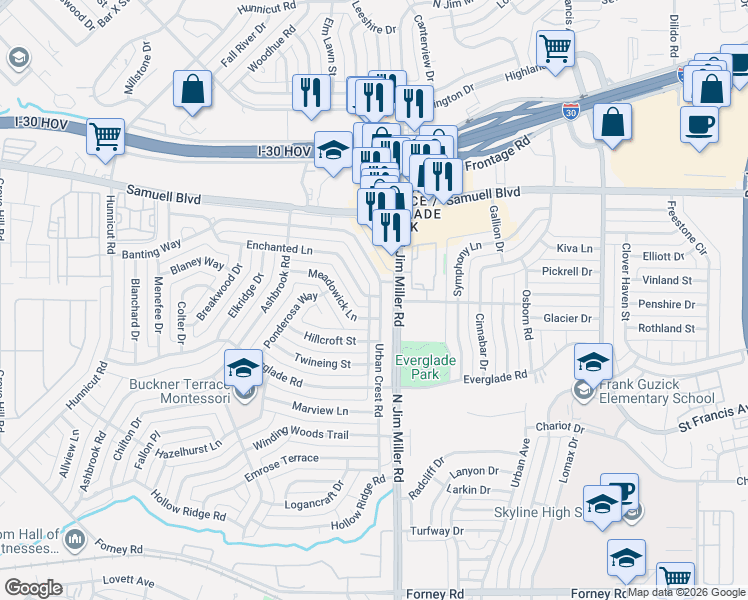 map of restaurants, bars, coffee shops, grocery stores, and more near 5316 Urban Crest Road in Dallas