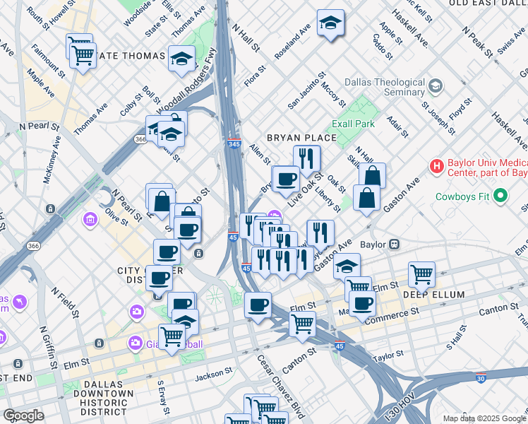 map of restaurants, bars, coffee shops, grocery stores, and more near in Dallas