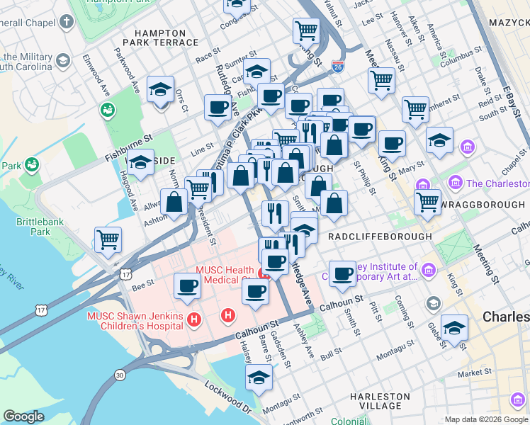 map of restaurants, bars, coffee shops, grocery stores, and more near 105 Cannon Street in Charleston