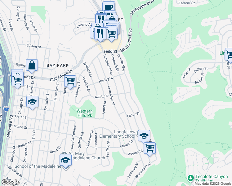 map of restaurants, bars, coffee shops, grocery stores, and more near 2604 Burgener Boulevard in San Diego