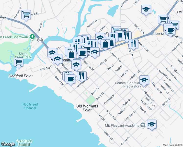 map of restaurants, bars, coffee shops, grocery stores, and more near 455 Morrison Street in Mount Pleasant