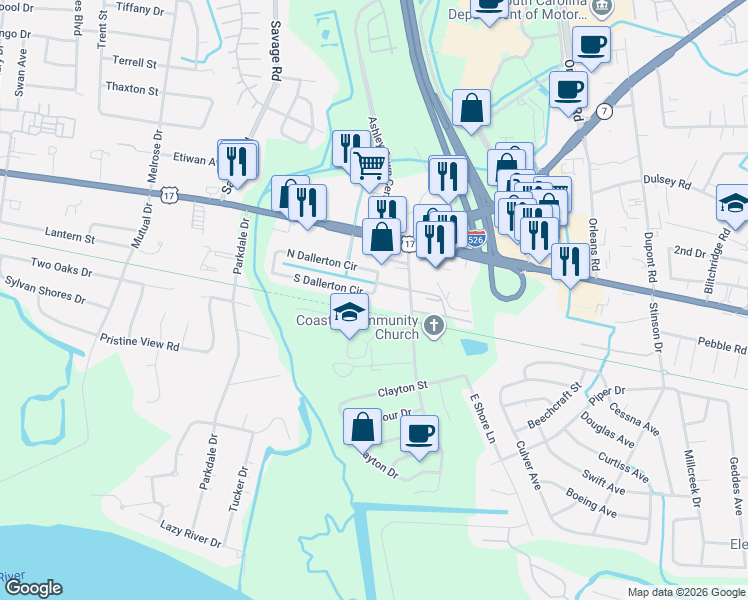 map of restaurants, bars, coffee shops, grocery stores, and more near 2125 South Dallerton Circle in Charleston