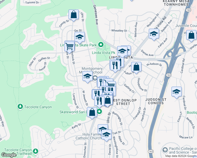 map of restaurants, bars, coffee shops, grocery stores, and more near Ulric Street in San Diego