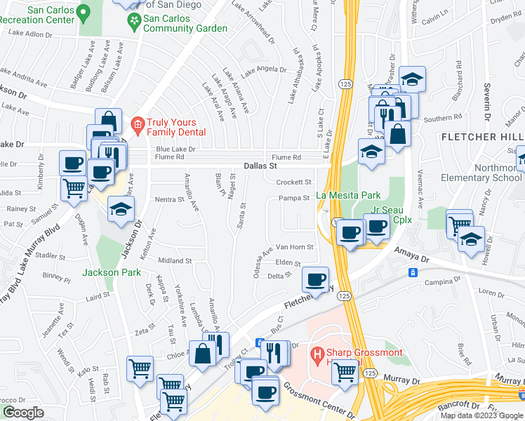 map of restaurants, bars, coffee shops, grocery stores, and more near 6070 Odessa Avenue in La Mesa